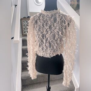 Darling Textured Victorian Floral Appliqué Style Sheer Top Cream Size Sm…​​​​